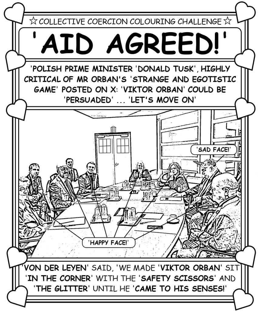 Coloring book page about the EU telling Orban to take a flying leap.