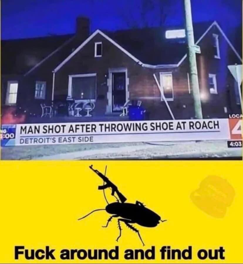 Detroit man shot after throwing a shoe at a roach. Roach: Fuck around and find out.