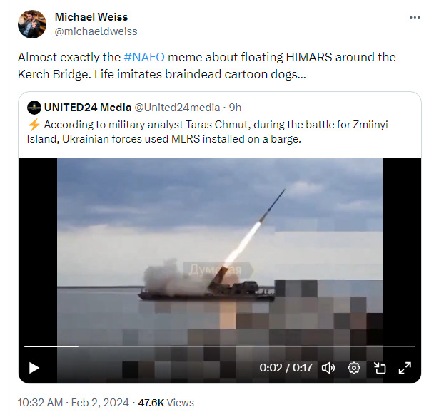 Ukrainians put an MLRS system on a barge, kind of like the silly NAFO cartoons showed them doing a year ago.