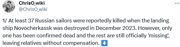 Many sailors died when the ship Novocherkassk was destroyed in Dec. 2023. However, one has been confirmed dead and the rest are still officially missing, leaving relatives without compensation.