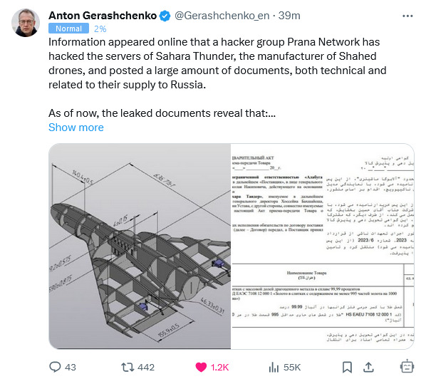 Prana Network hacked Sahara Thunder, the manufacturer of Shahed drones, and posted a lot of documents.