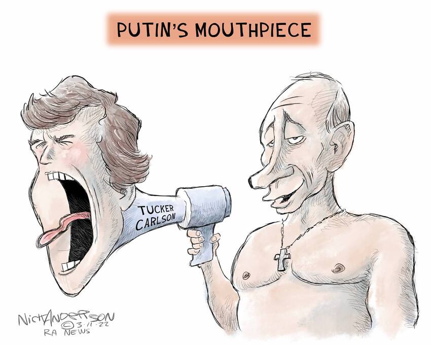 political cartoon showing Putin using Tucker Carlson as a mouthpiece.