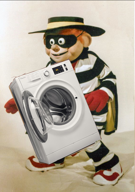 The Hamburglar, except he's stealing a washing machine instead of a hamburger.