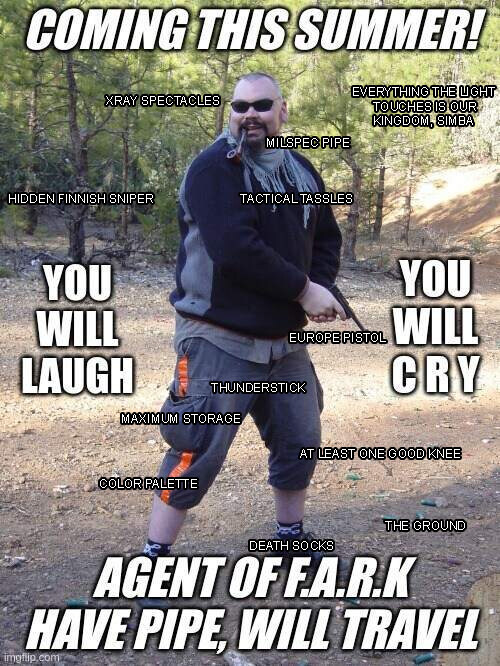 Medic Zero with a Luger and a whole bunch of captions, including 'Agent of F.A.R.K. have pipe will travel', 'Hidden Finnish sniper', and 'Milspec pipe'.