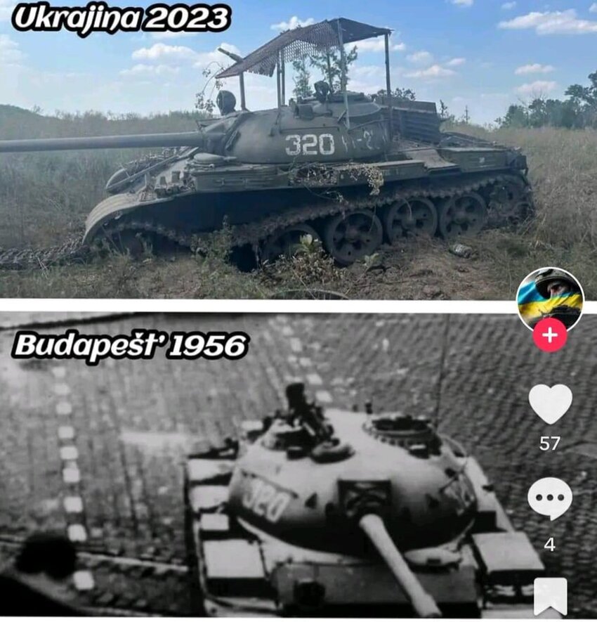 A Soviet tank labeled '320' drives into Budapest in 1956 and is disabled in Ukraine in 2023. (It's probably not the same tank.)