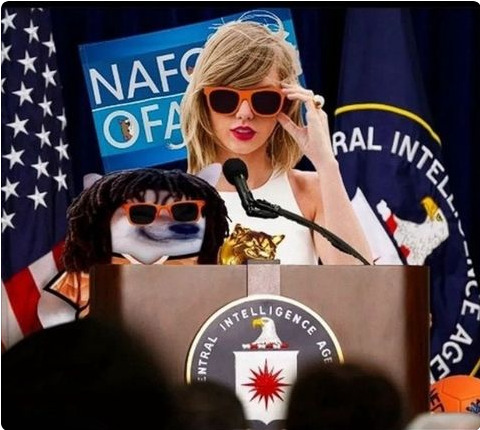 Taylor Swift at a CIA podium with a fella.