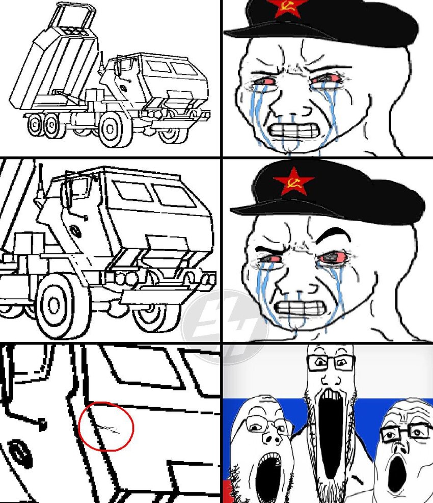 Cartoon of Russian sympathizers getting really, really excited about some shrapnel damage to a HIMARS.
