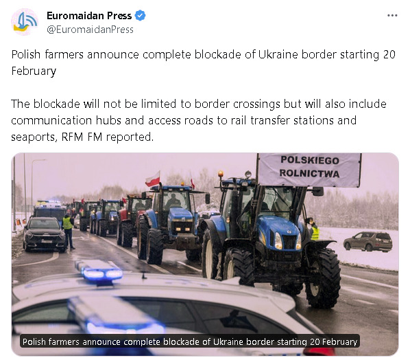 Polish farmers announce complete blockade of Ukraine border starting February 20.