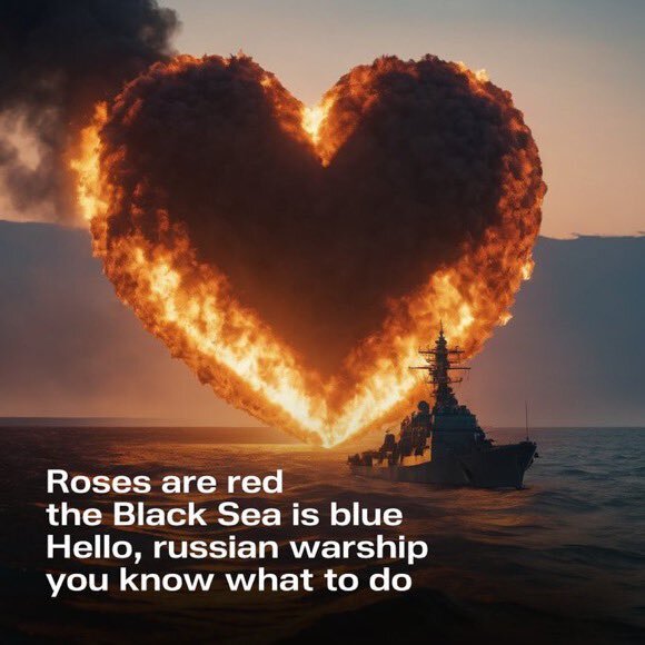 Heart-shaped explosion behind warship, captioned Roses are red, the Black Sea is blue, Hello Russian warship, you know what to do.