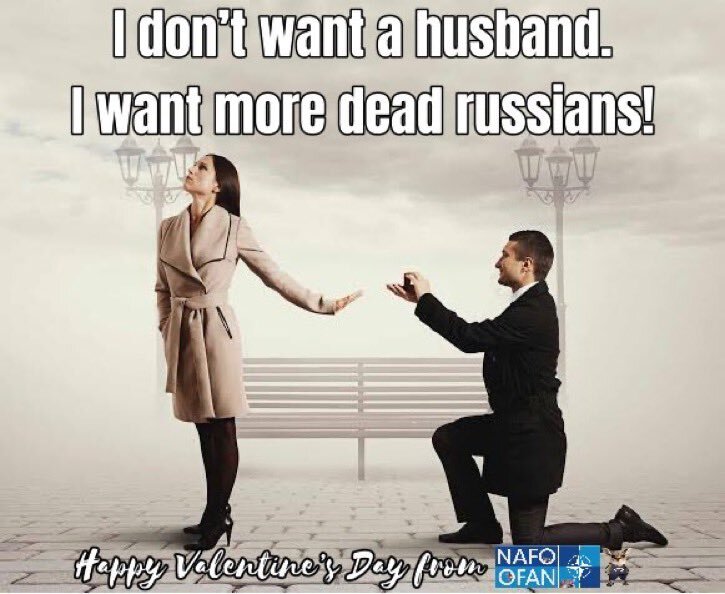 Woman refusing man's proposal, captioned 'I don't want a husband, I want more dead Russians!' (NAFO/OFAN)