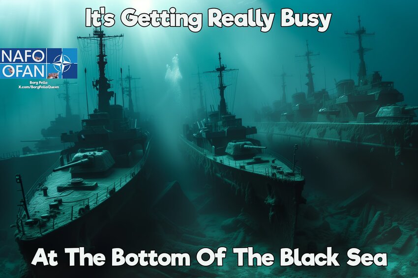 Warships resting on the bottom of the ocean, captioned 'It's getting really bust at the bottom of the Black Sea'
