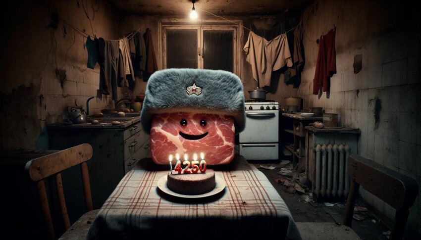 Meat Cubie in a kitchen with a cake celebrating a milestone of dead Russians.