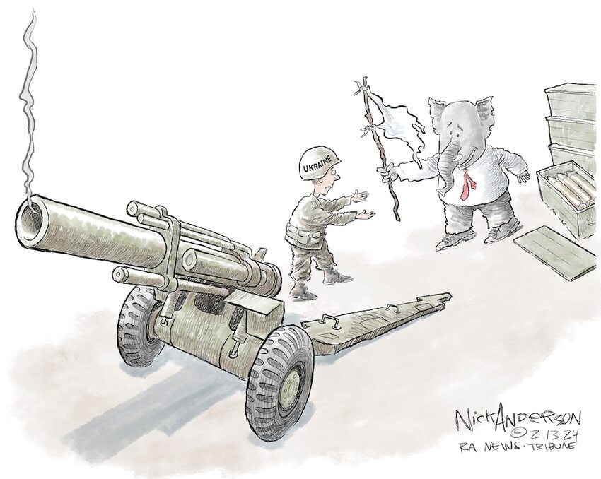 Cartoon where the Ukrainians need shells, and the Republicans hand the Ukrainians a white flag.