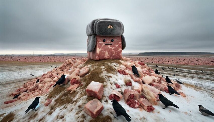 Meat Cubie on a hill surrounded by crows, saying 'The battle has not started yet!'