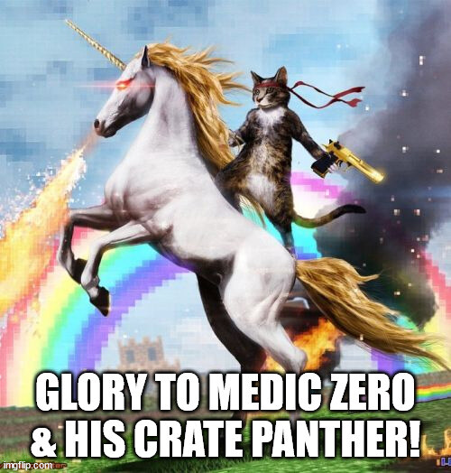 Cat with Desert Eagle riding fire-breathing unicorn with pixellated rainbow in background, captioned 'Glory to Medic Zero and his crate panther!'