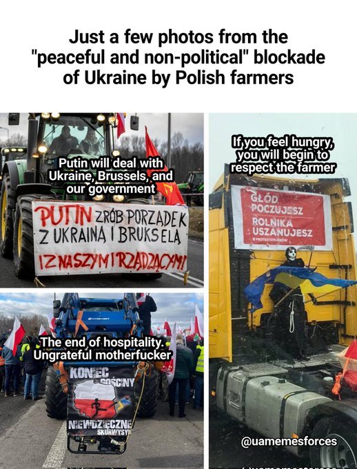 Peaceful and non-political blockade of Ukraine by Polish farmers is not peaceful and pro-Putin.