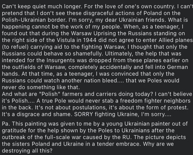 Translated tweet where a Pole laments the Polish farmers protesting Ukrainian grain imports.