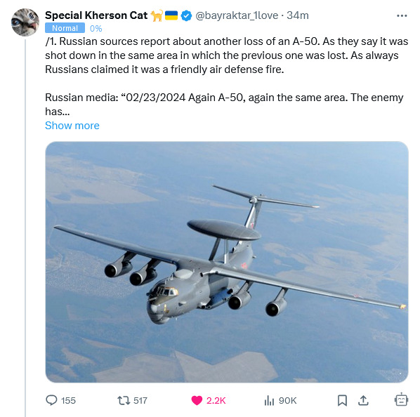 Russian sources report another loss of an A-50. Russians claimed it was a friendly air defense fire.