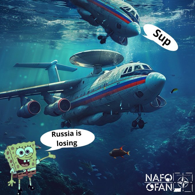 A=50 in the water says 'Sup?' to another sunken A-50, Spongebob says, 'Russia is losing!'