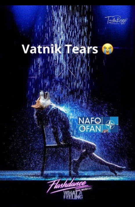 A fella reclines on a chair while vatnik tears fall on him, very similar to 'Flashdance'.