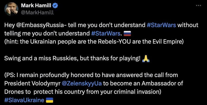 Mark Hamill says Ukrainians are the Rebels and Russia is the Evil Empire.