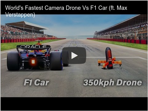 world's fastest camera drone vs. F1 car.