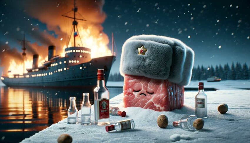 Meat Cubie with vodka bottles as icebreaker Yermak is on fire.