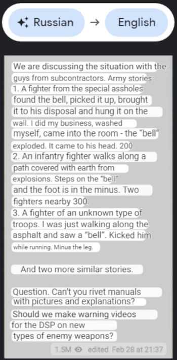 Translated tweet where the Russians complain that their soldiers will pick up or kick mines instead of avoiding them.