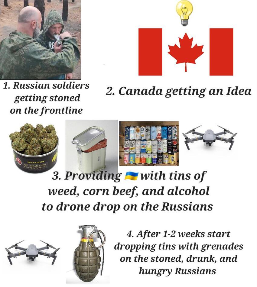 Canada sees Russians smoking joints, gets an idea: Provide Ukraine with tins of weed, corned beef, and alcohol to drone drop on Russians. After 1-2 weeks, start dropping tins with grenades on the stoned, drunk, and hungry Russians.