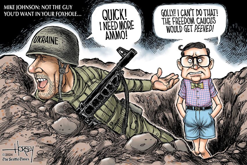 Political cartoon about Mike Johnson not wanting to deliver ammunition to Ukraine because the Freedom Caucus would get peeved.