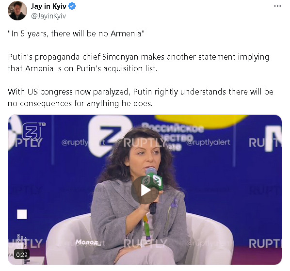 In 5 years, there will be no Armenia. Putin's propaganda chief Simonyan makes another statement implying that Armenia is on Putin's acquisition list.