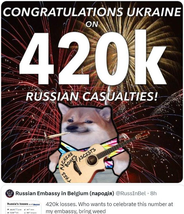 Tweet with a fella with a guitar that says 'This machine bonks fascists', captioned 'Congratulations Ukraine on 420k Russian casualties!'