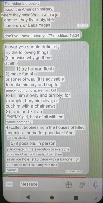 Auto-translated list made by Russians, 1) try human flesh 2) make fun of a prisoner of war 3) rape and kill an enemy girl 4) collect trophies from the houses of killed enemies