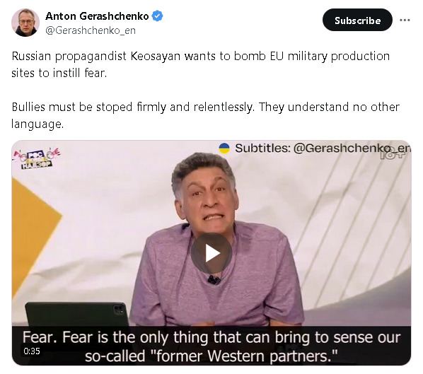 Russian propagandist Keosayan wants to bomb EU production sites to instill feat. Bullies must be stopped firmly and relentlessly. They understand no other language.