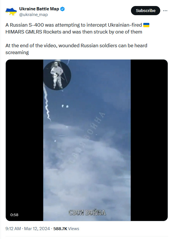 A Russian S-400 was attempting to intercept Ukrainian-fired HIMARS rockets and was then struck by one of them.