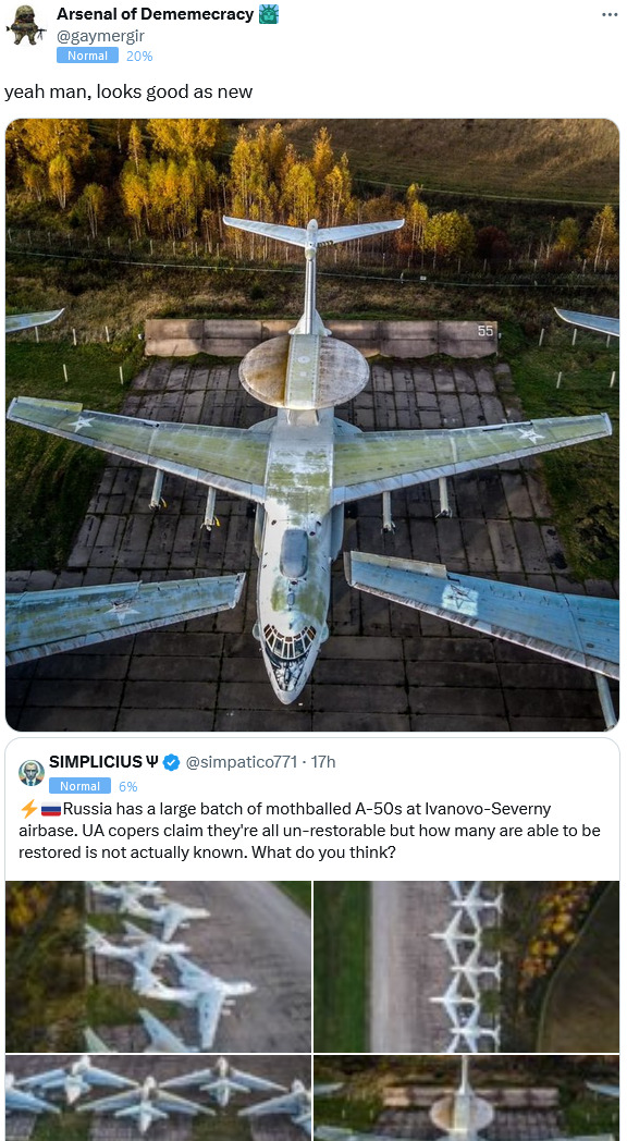Russia has a large batch of mothballed A-50s at Ivanovo-Severny. UA copers claim they're all un-restorable. Reply: Yeah, man, looks good as new. (A-50 with visible rust, missing engines.)