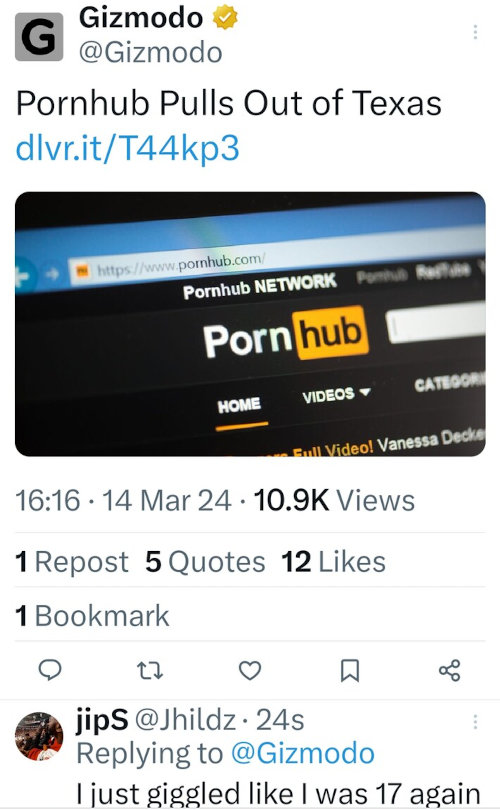 Gizmodo: Pornhub pulls out of Texas.