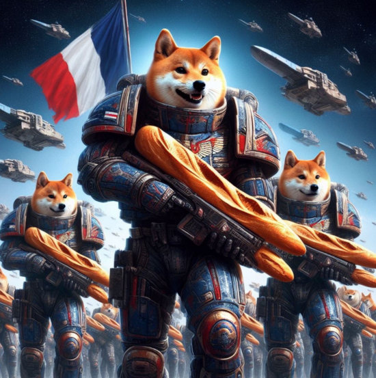 Ultramarines with Shiba Inu heads wield baguette-based weapons.