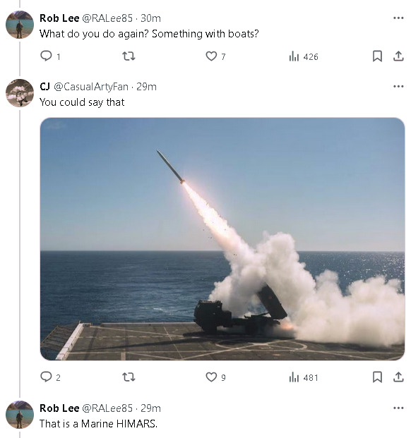 What do you do again? Something with boats? You could say that. (picture of a HIMARS on a ship).