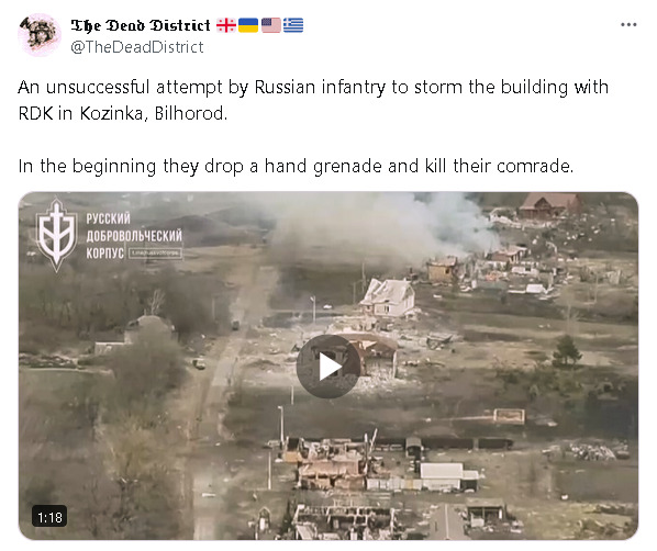 An unsuccessful attempt by Russian infantry to storm the building with RDK in Kozinka, Bilhorod. In the beginning they drop a hand grenade and kill their comrade.