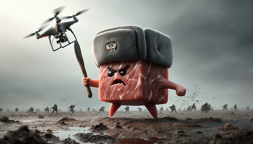 Meat Cubie uses high tech weaponry (a stick) to fight off a Ukrainian drone.