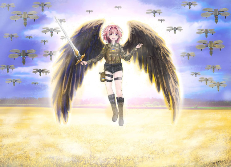Anime angel holding a sword, with a swarm of grenade-carrying drones in the background.