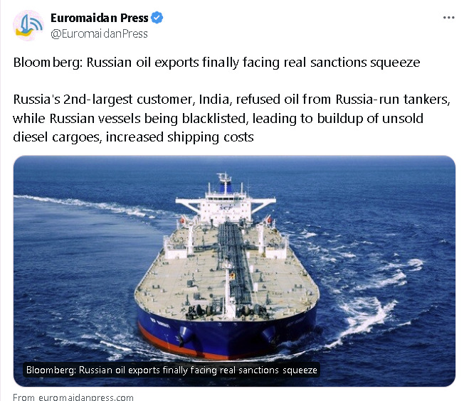 Russia's second-largest customer, India, refused oil from Russia-run tankers.