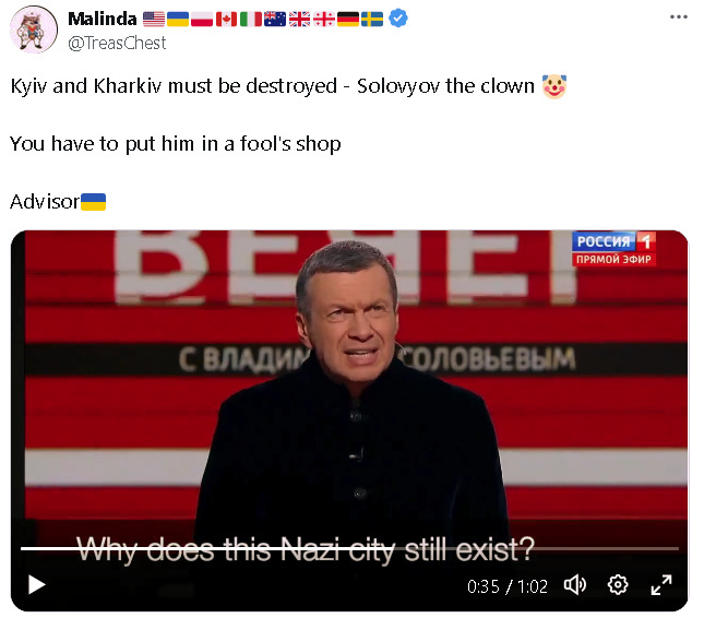 Solovyov says Kyiv and Kharkiv must be destroyed, why does this Nazi city still exist?