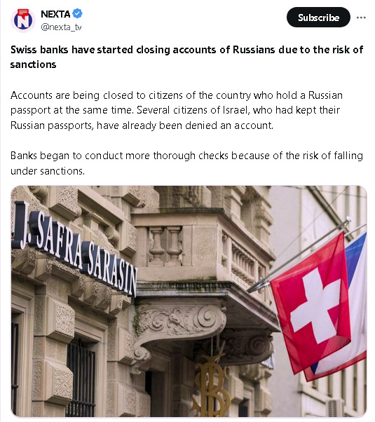 Swiss banks have started closing accounts of Russians due to the risk of sanctions.