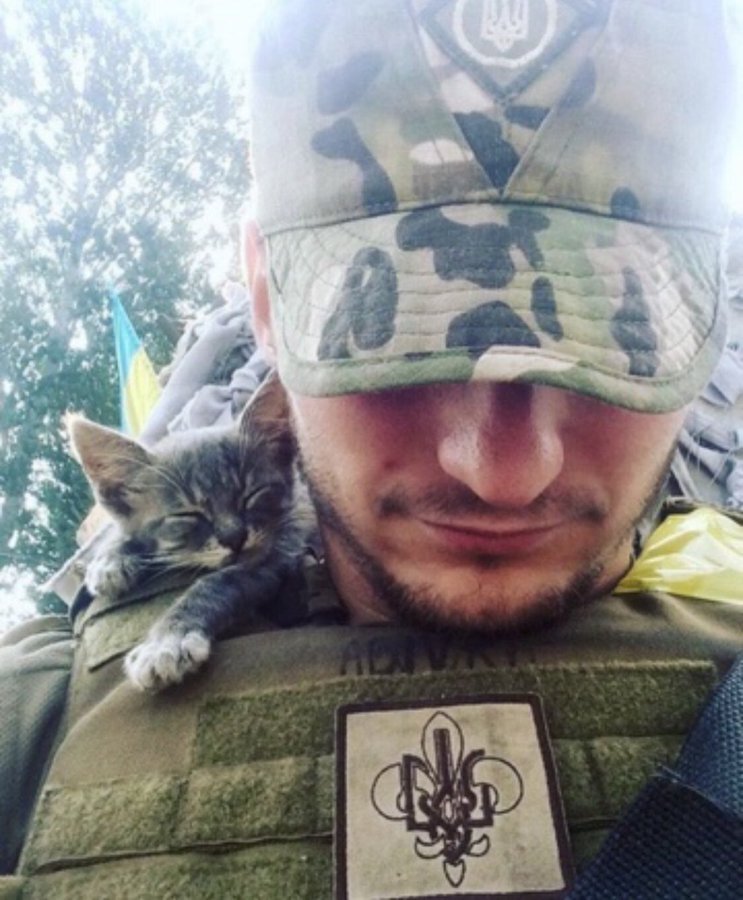 A Ukrainian soldier with a kitten.