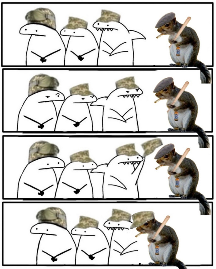Flork of Cows gives a hat to a squirrel.