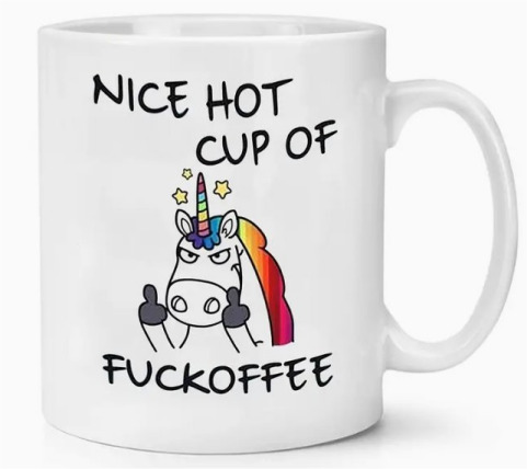 Unicorn flips middle fingers, caption 'Nice hot cup of fuckoffee', was in response to a troll.