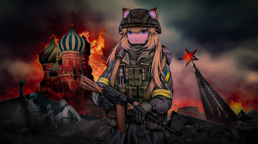Anime-style drawing where the Kremlin burns in the background as a woman with cat ears on her helmet keeps watch with a rifle.