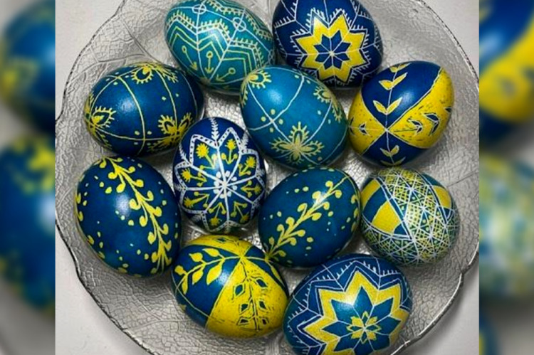 Ukrainian prysanky eggs in a bowl.